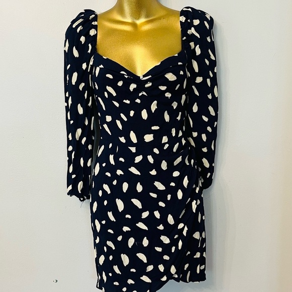 Reformation Navy White Print Mini Dress Long Sleeve Sweetheart Neck Size 4 - Picture 3 of 9